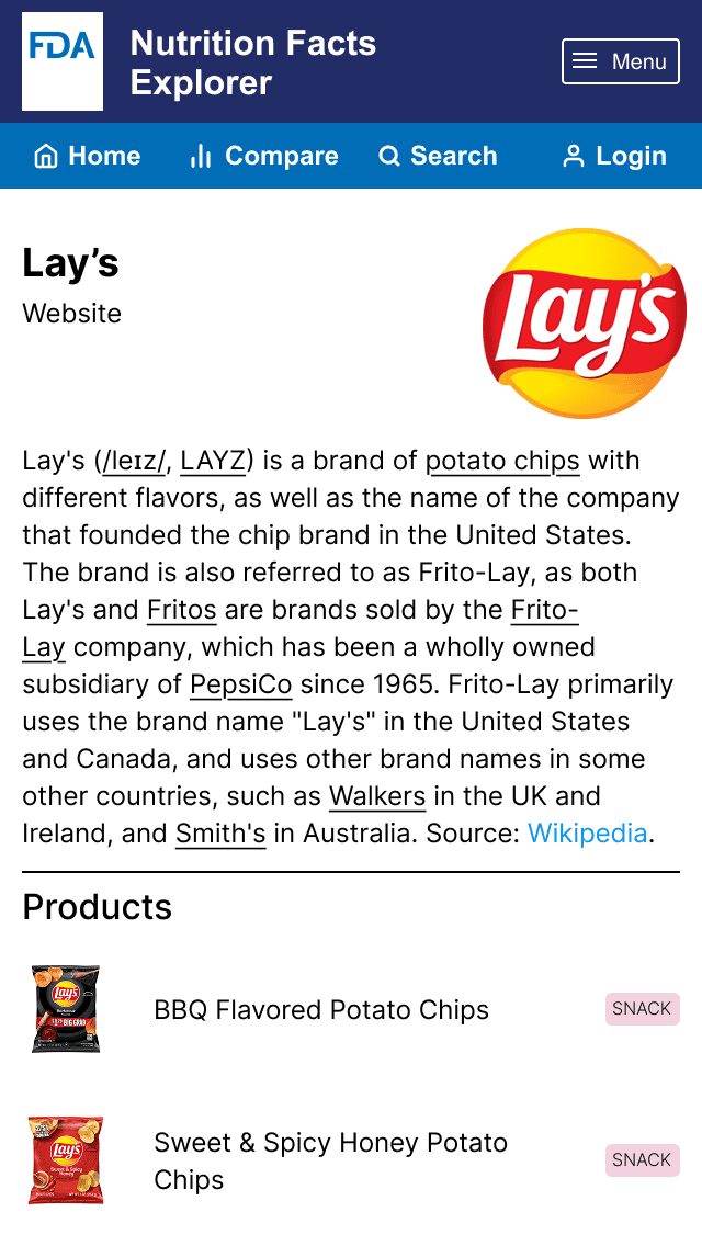 The brand page for Lay's containing their logo, an overview of the company from Wikipedia, and a list of products registered with the FDA.