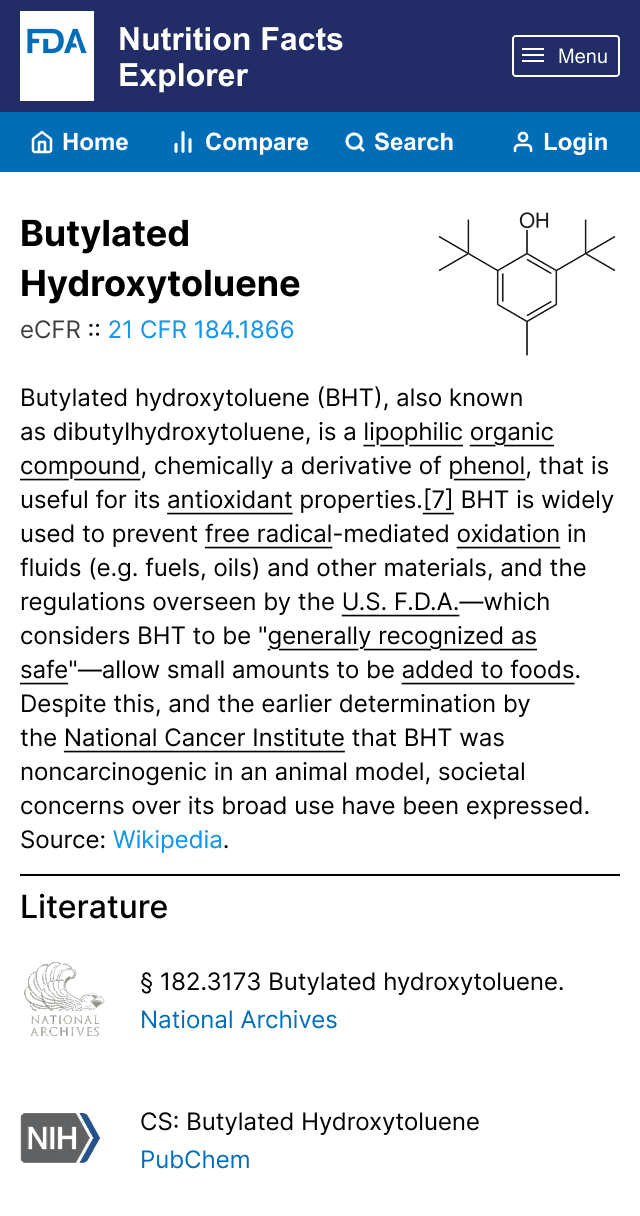 The ingredient page, with the ingredient description, its chemical structure, and a section for literature links.