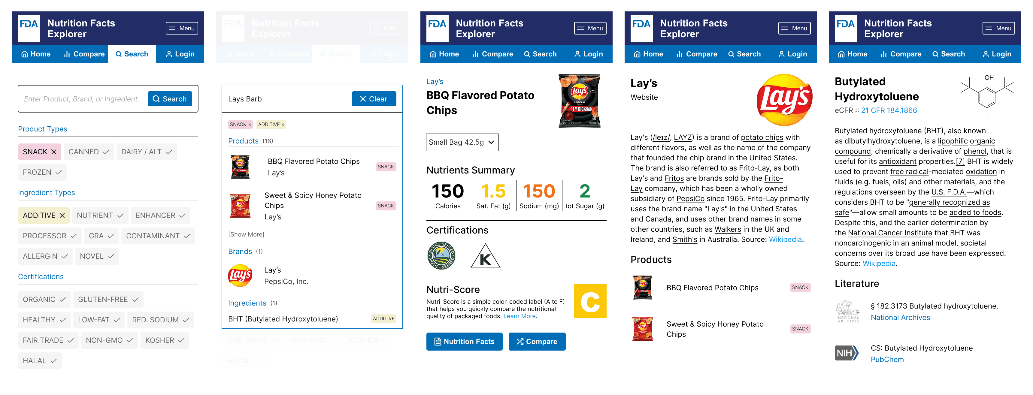 Multiple design pages of a digital app for exploring Nutrition Facts