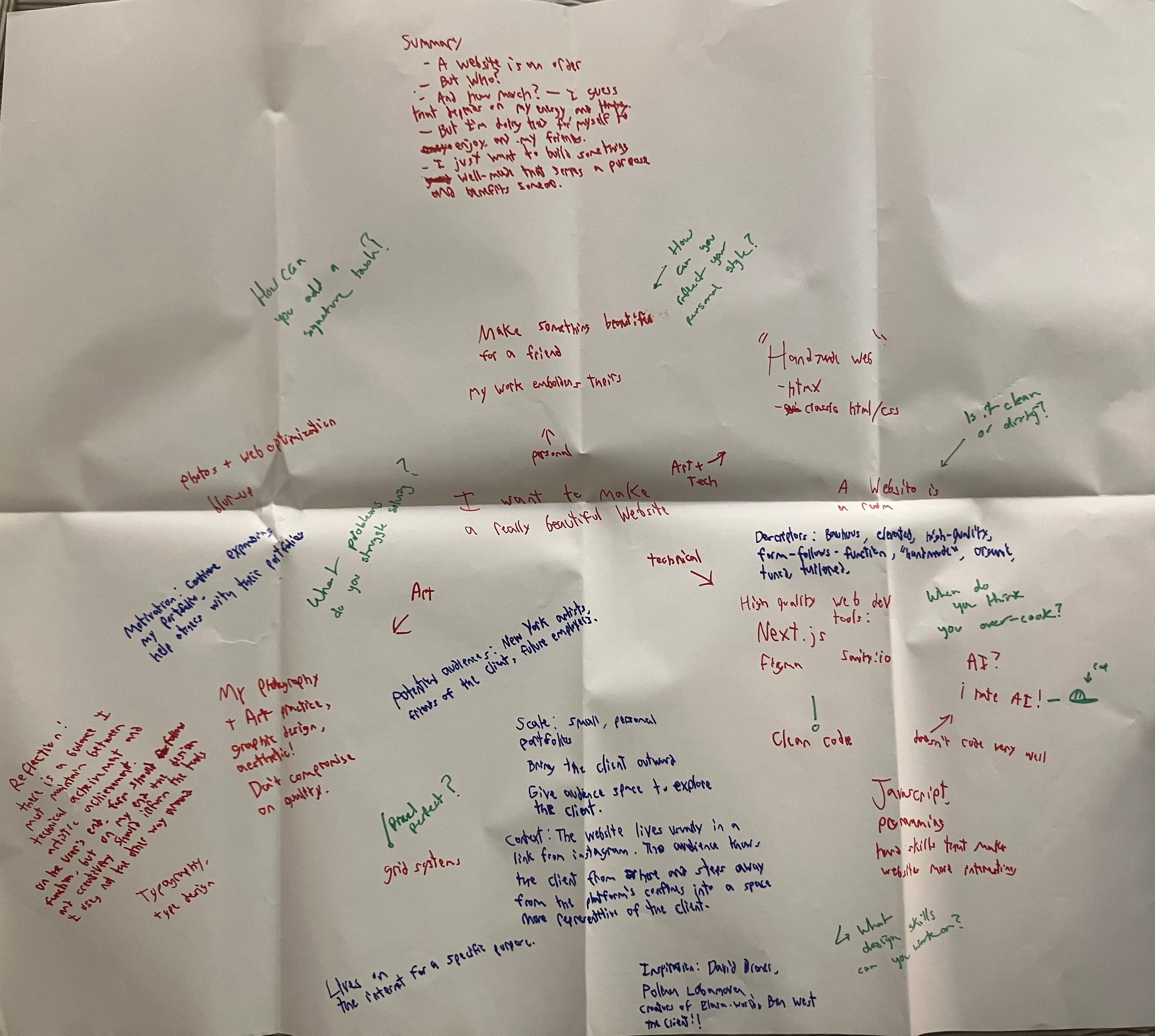 Scattered writing in multi-colored marker on a large white paper