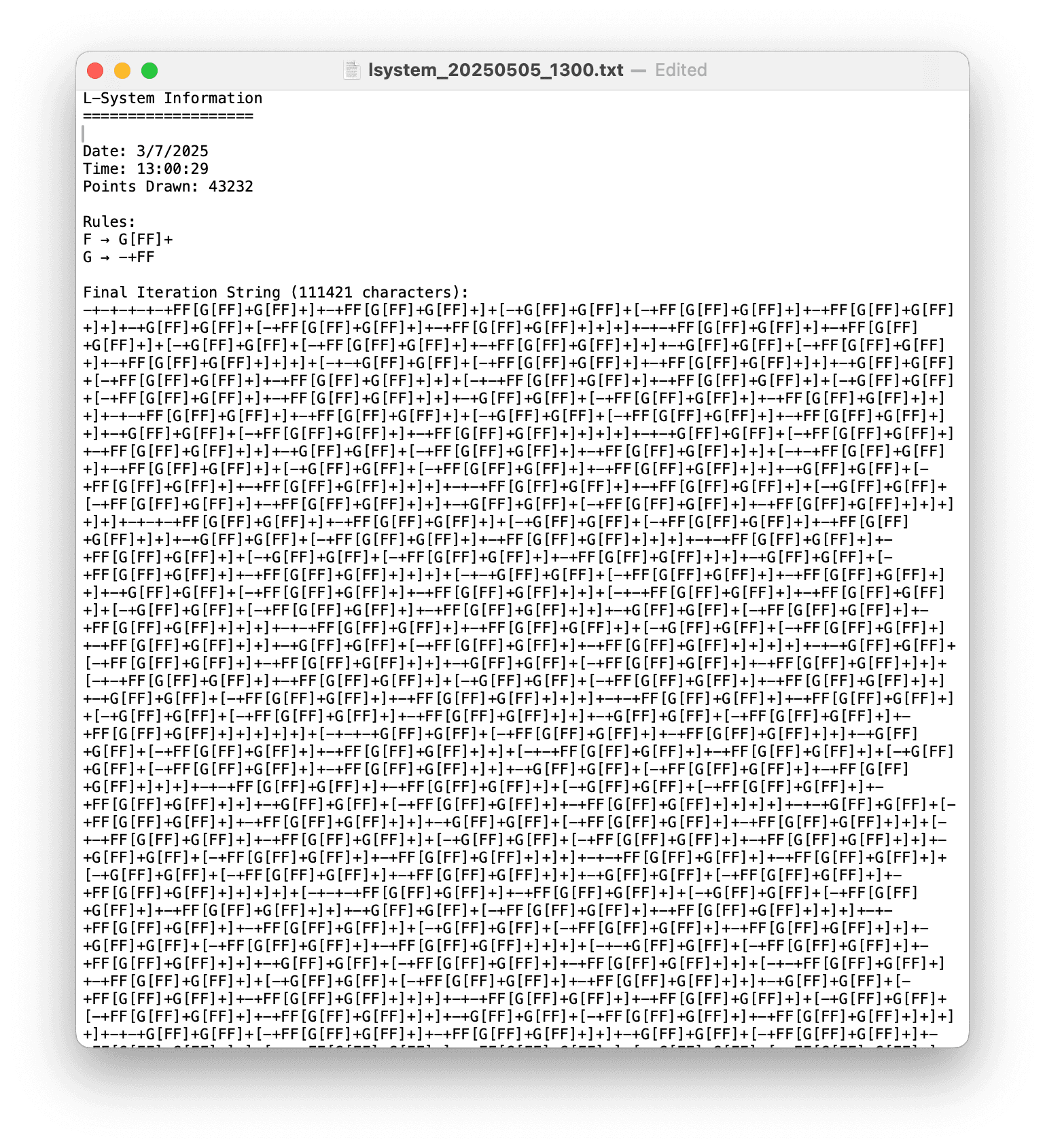 A text file containing a seemingly random string of F, G, +, and - characters.