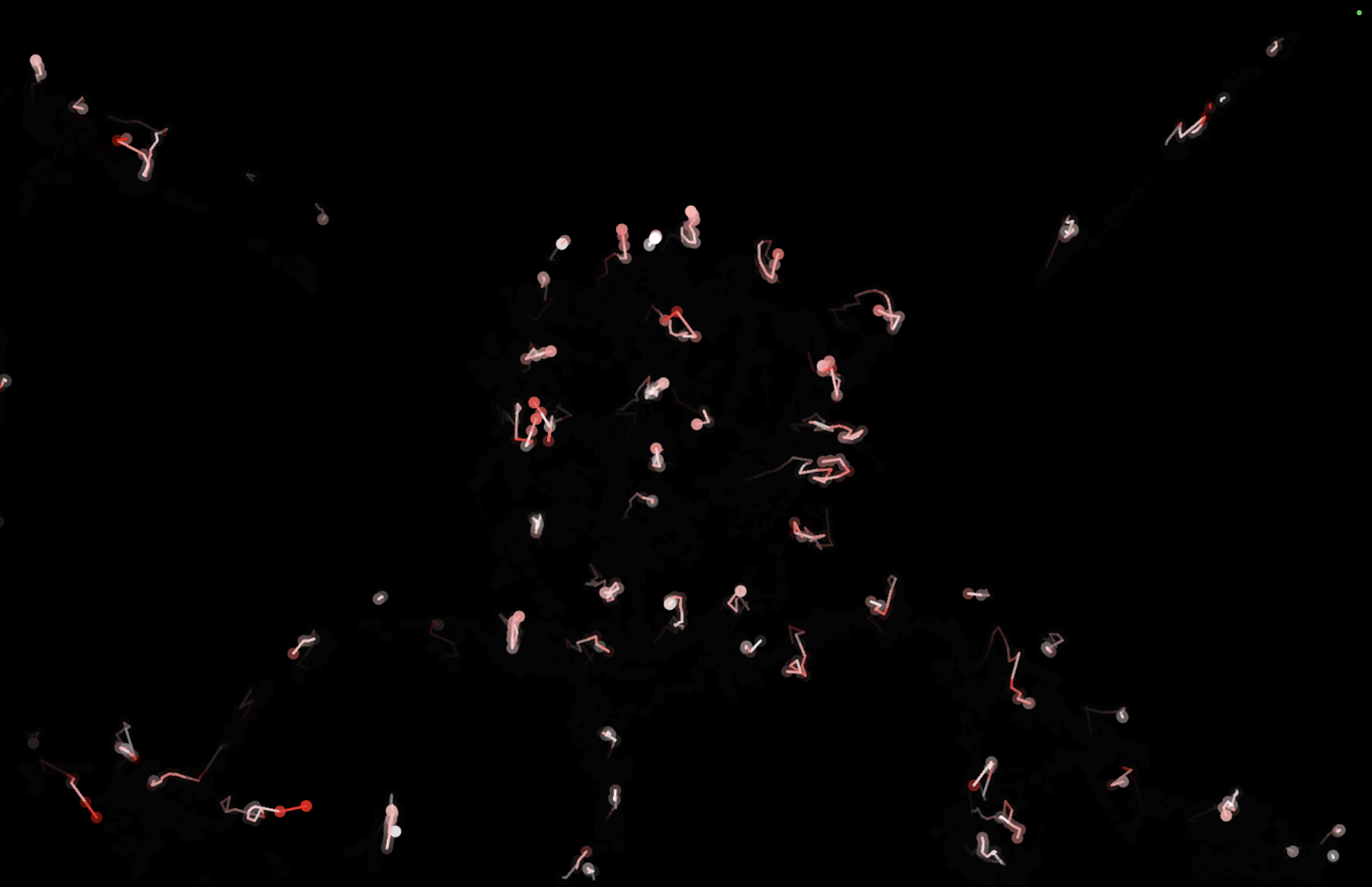 Clusters of red and white blobs with tails on a black screen
